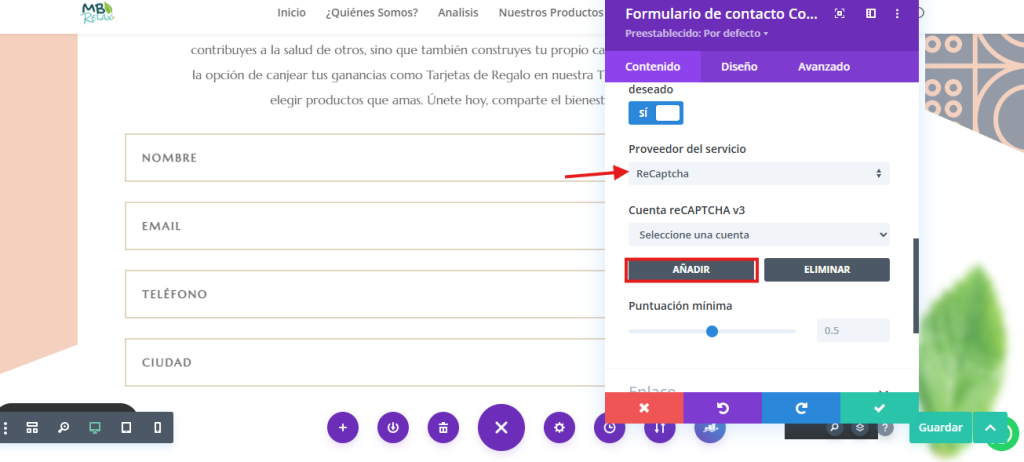 reCAPTCHA en Divi